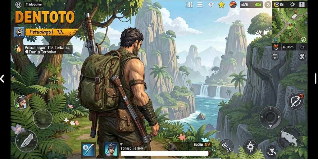 Screenshot gameplay DENTOTO menampilkan eksplorasi dunia terbuka yang menakjubkan.