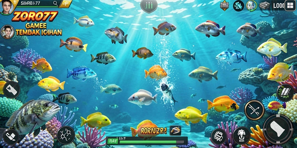 Screenshot ZORO77 menampilkan gameplay menembak ikan yang seru.